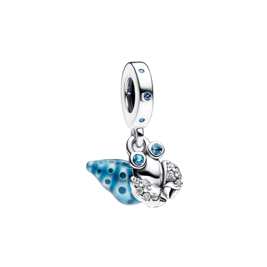 Hermit crab sterling silver dangle with stellar blue, icy green crystal, clear cubic zirconia and bl