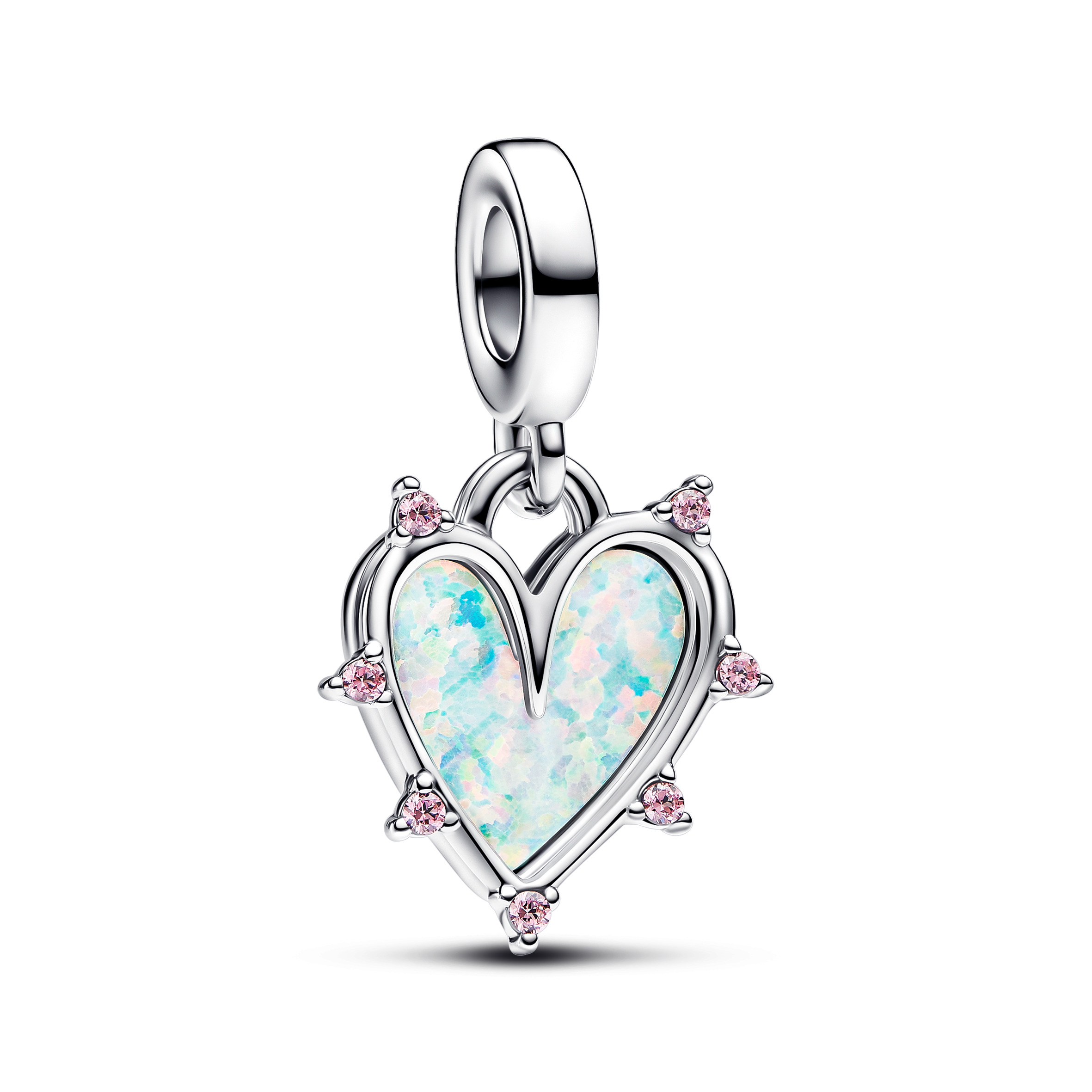 Hearts sterling silver double dangle with pink lab-created opal and fancy fairy tale pink cubic zirc