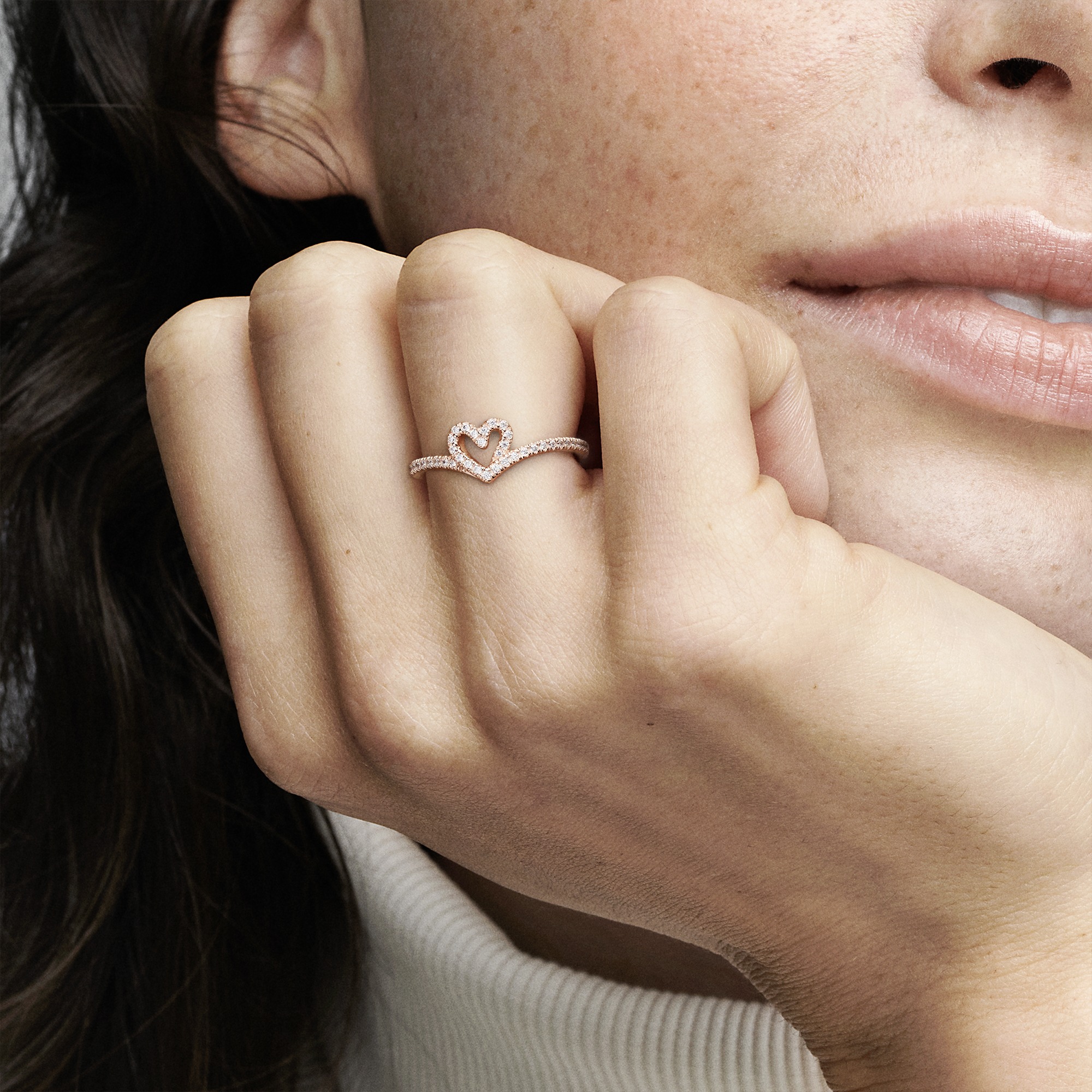 Heart and wishbone 14k rose gold-plated ring with 