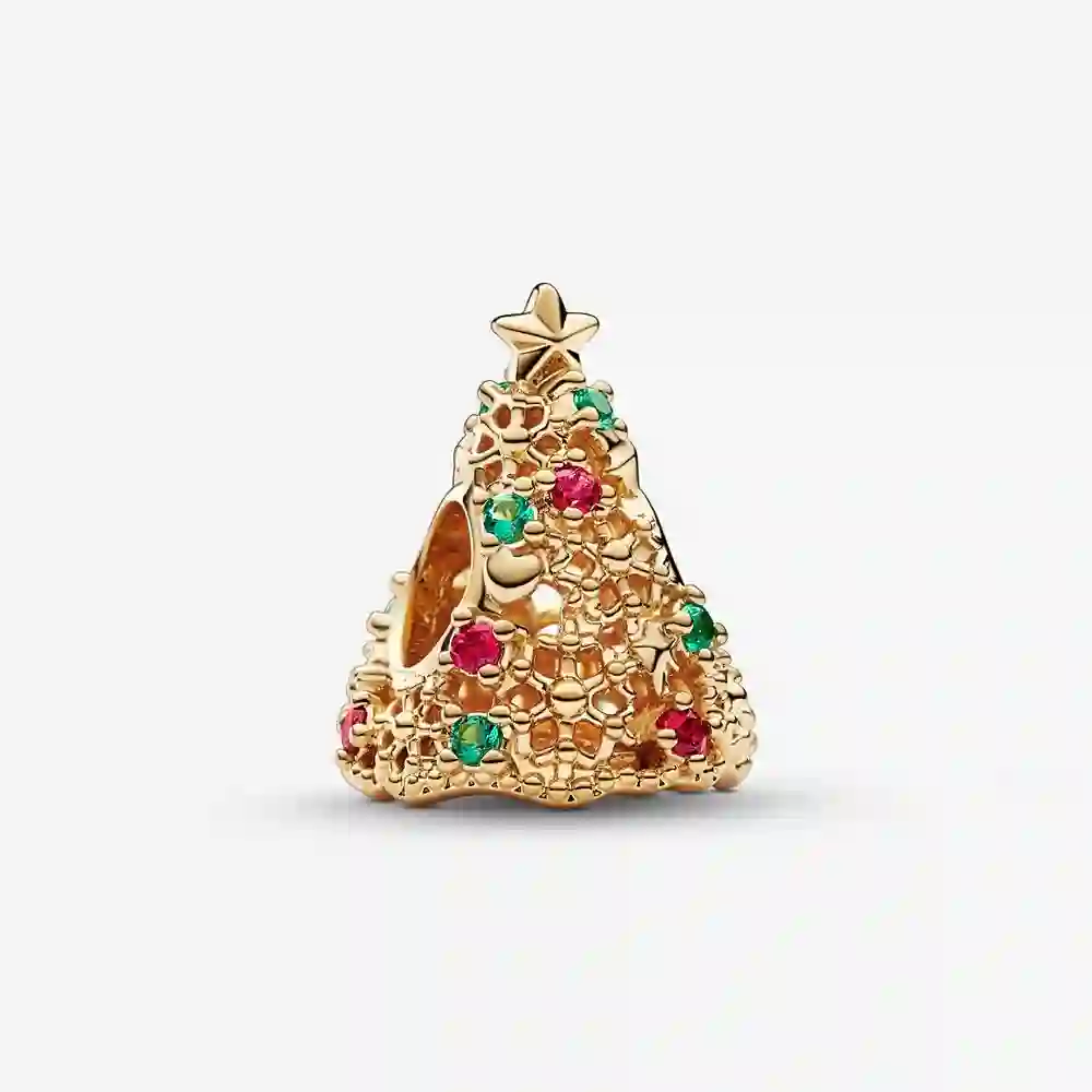 Christmas tree 14k gold-plated charm with aqua gre