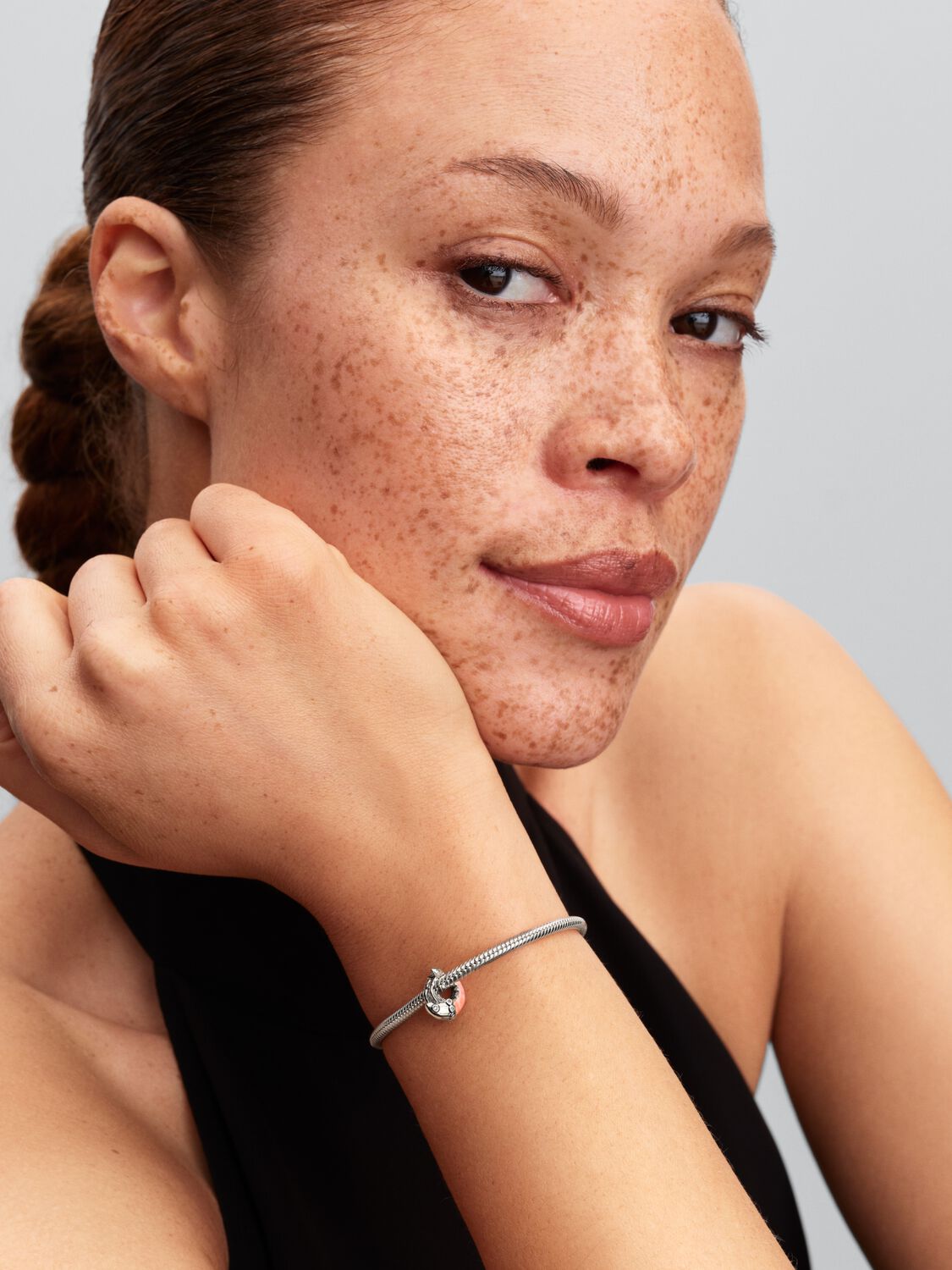 Shrimp sterling silver charm with clear cubic zirconia and pink enamel