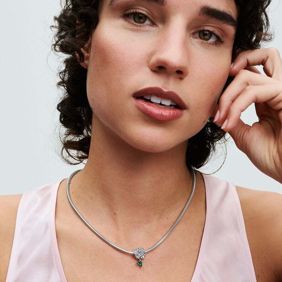 Rose sterling silver charm with clear cubic zircon