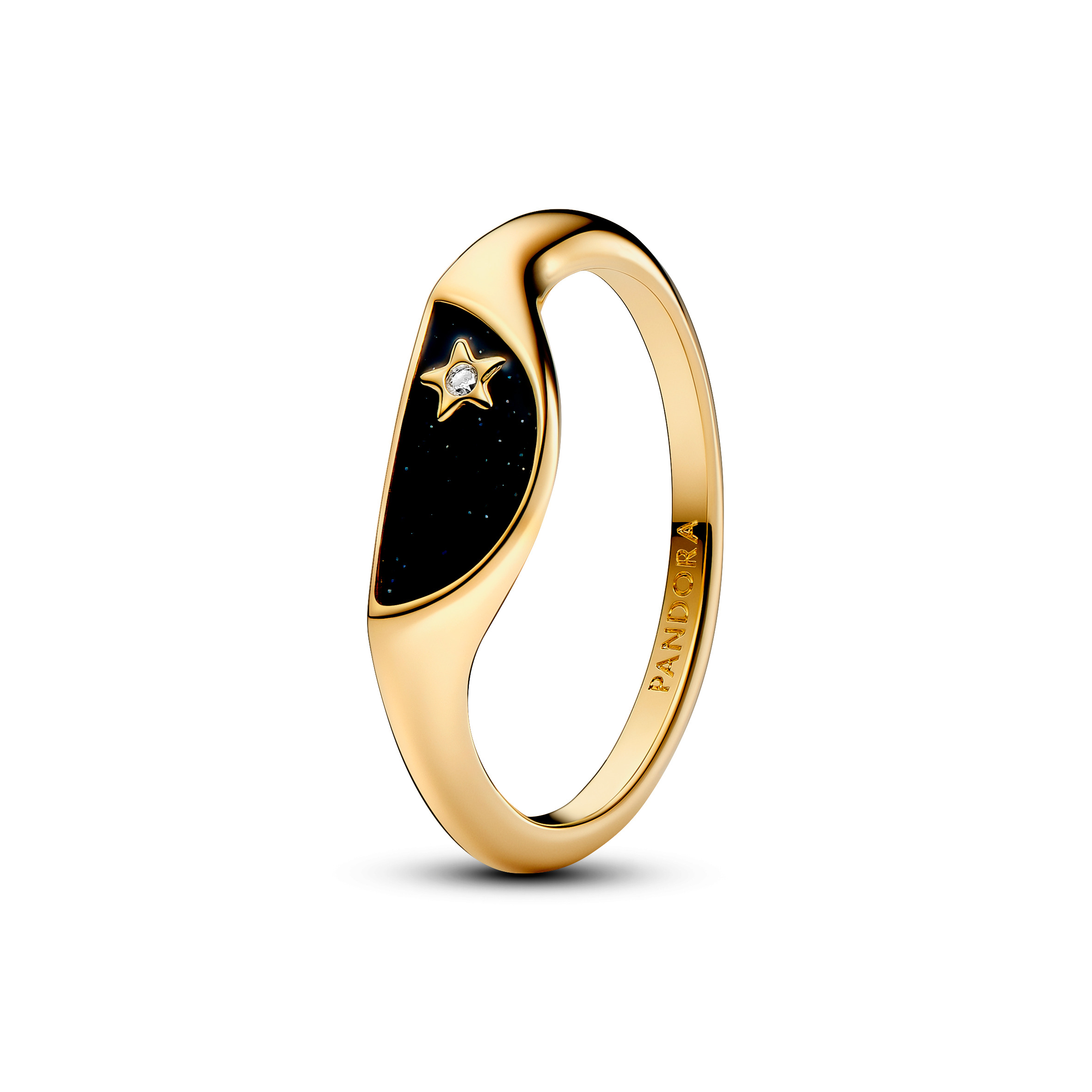Halved signet 14k gold-plated ring with clear cubic zirconia and glittery black enamel