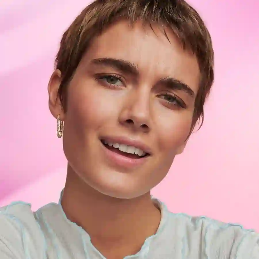 14k Gold-plated elongated hoop link earring with clear cubic zirconia