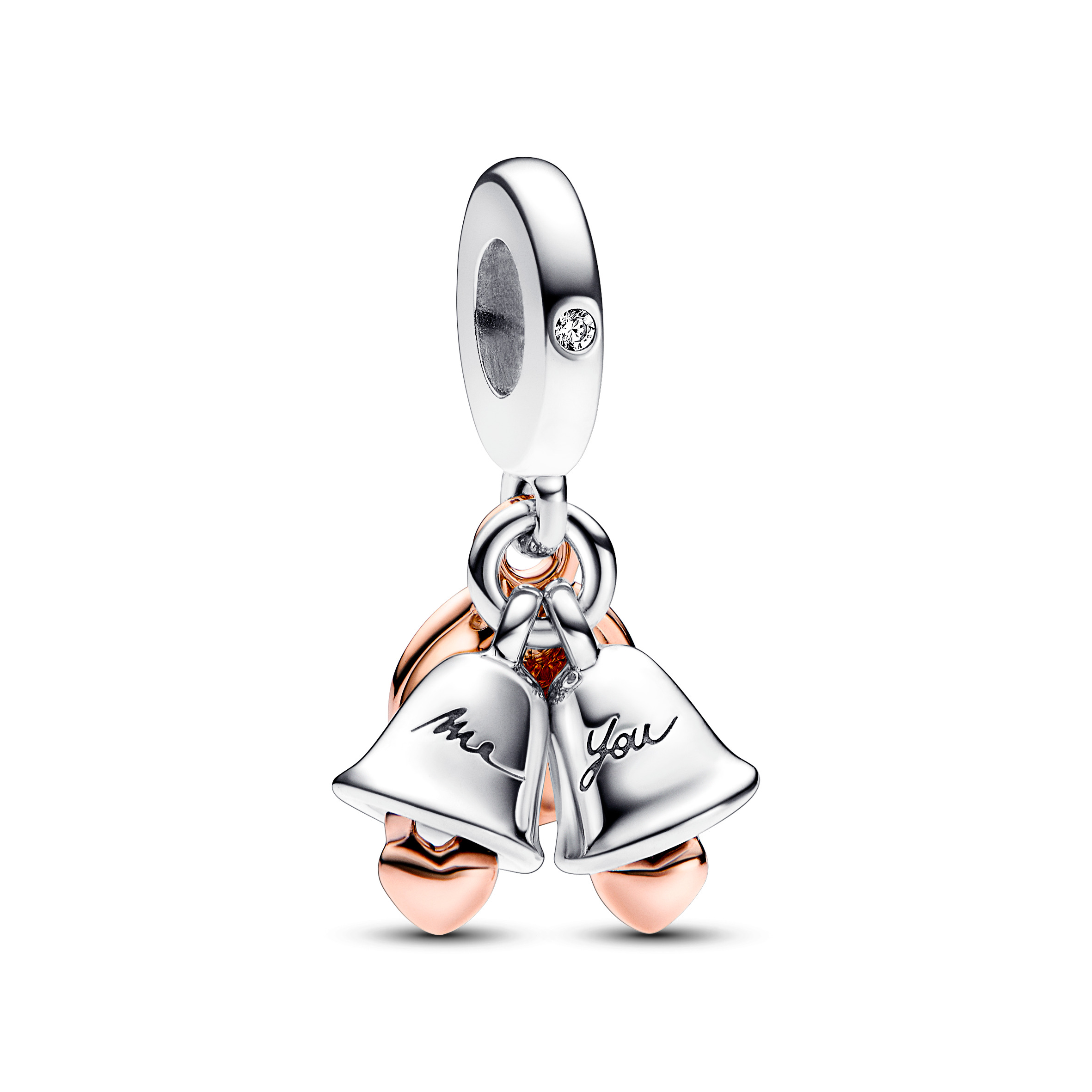 Wedding bells sterling silver and 14k rose gold-plated dangle with clear cubic zirconia