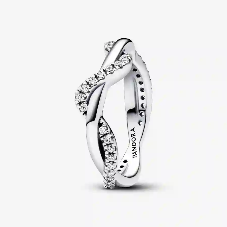 Double wave sterling silver ring with clear cubic 