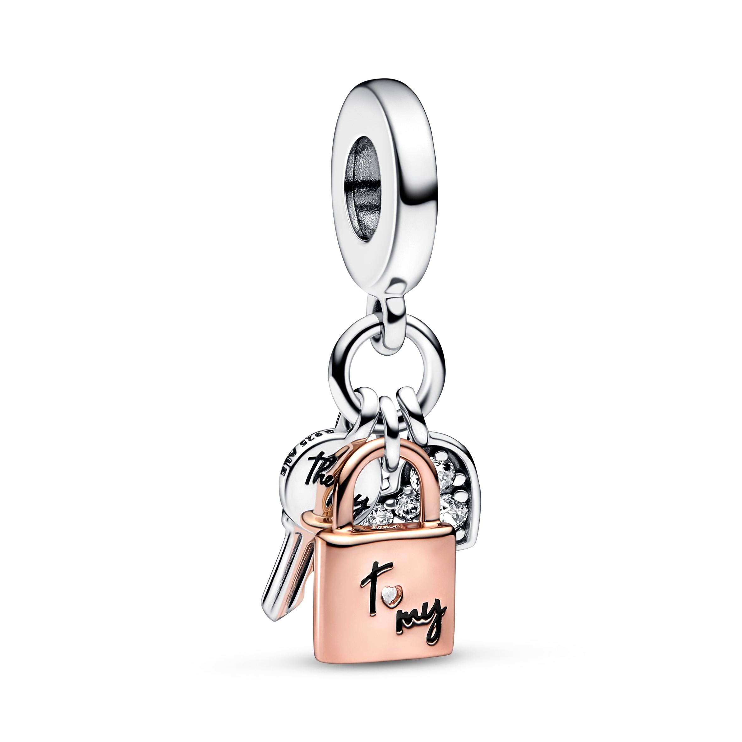 Padlock, key and heart sterling silver and 14k rose gold-plated dangle with clear cubic zirconia and