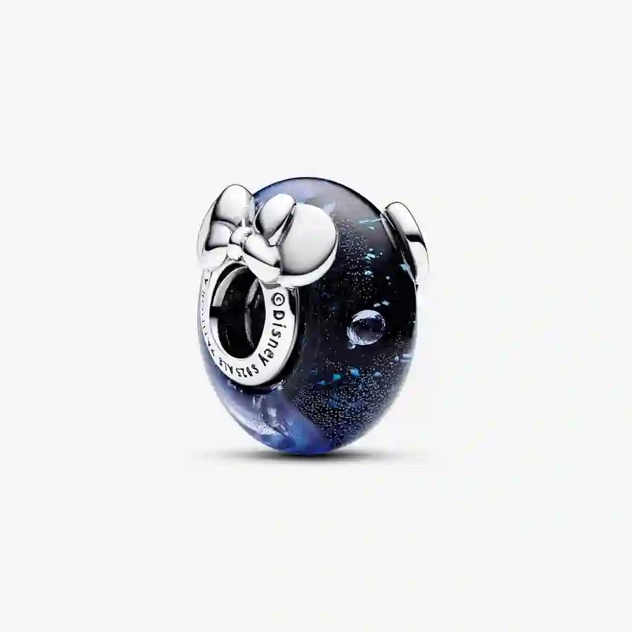 Disney Mickey and Minnie sterling silver charm with dichroic dark blue Murano glass and clear cubic 