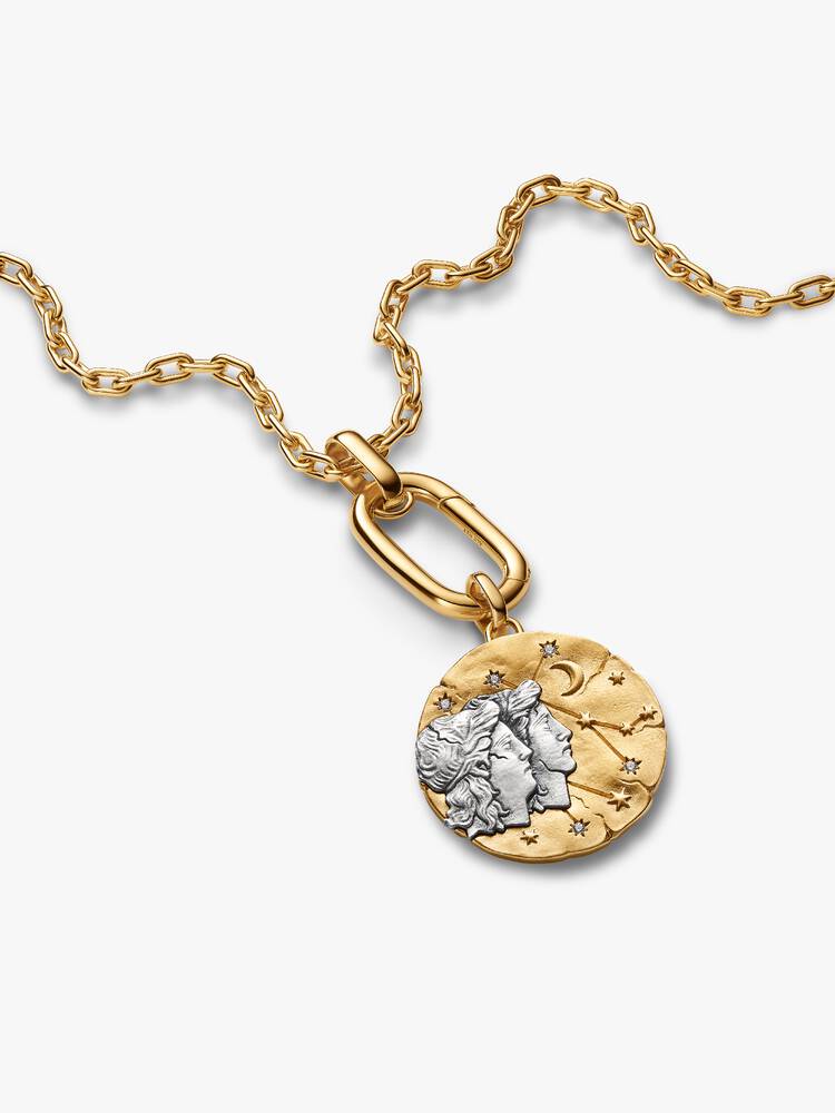 XL Gemini sterling silver and 14k gold-plated medallion with clear cubic zirconia
