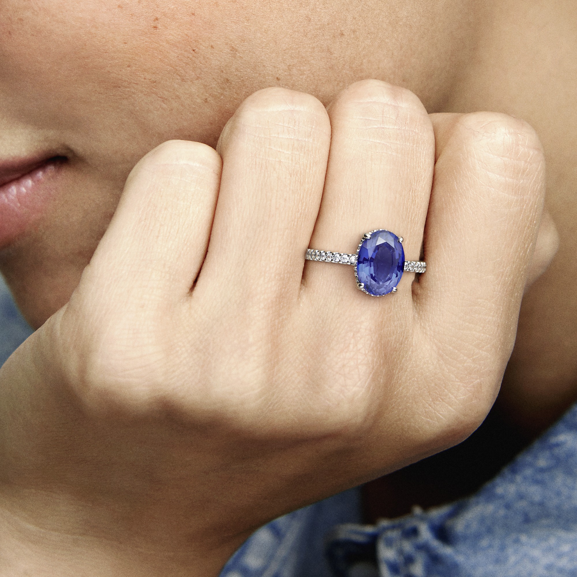 Sterling silver ring with princess blue crystal an