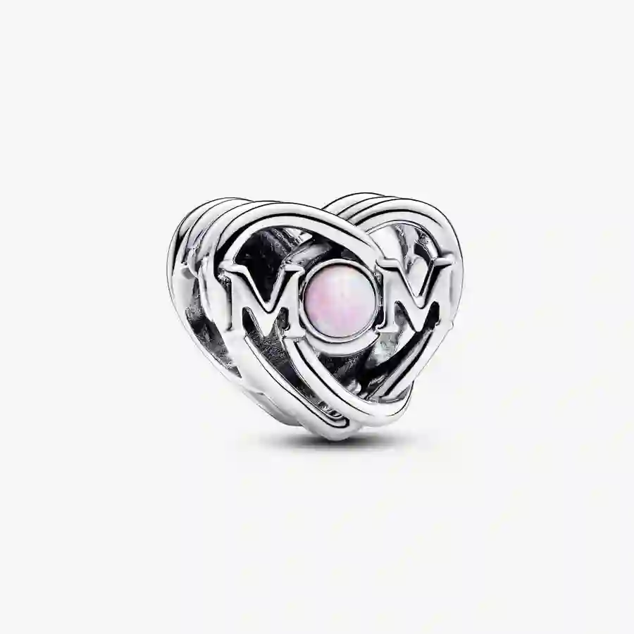 Mom heart sterling silver charm with pink lab-crea
