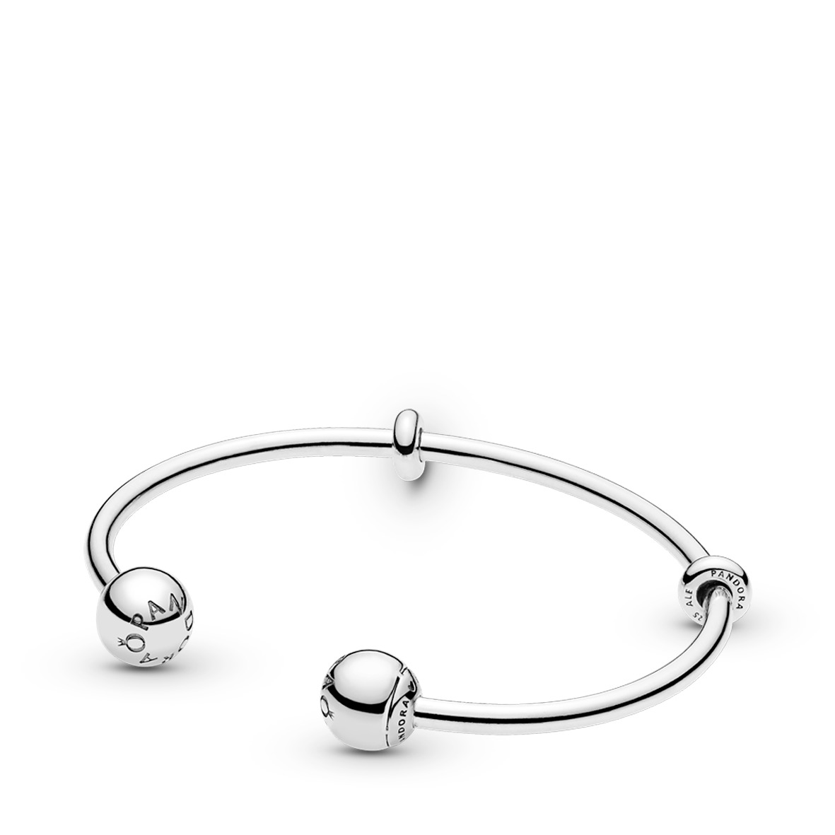 Silver open bangle with silicone stoppers and inte