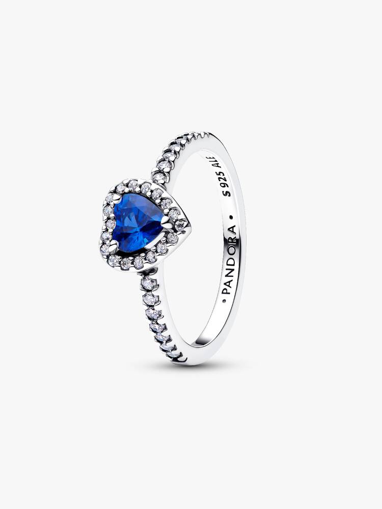 Heart sterling silver ring with princess blue crystal and clear cubic zirconia