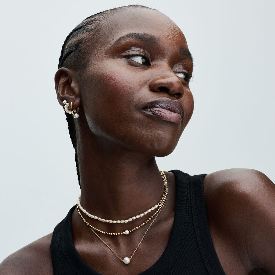 14k Gold-plated collier with white treated freshwater cultured pearl and clear cubic zirconia