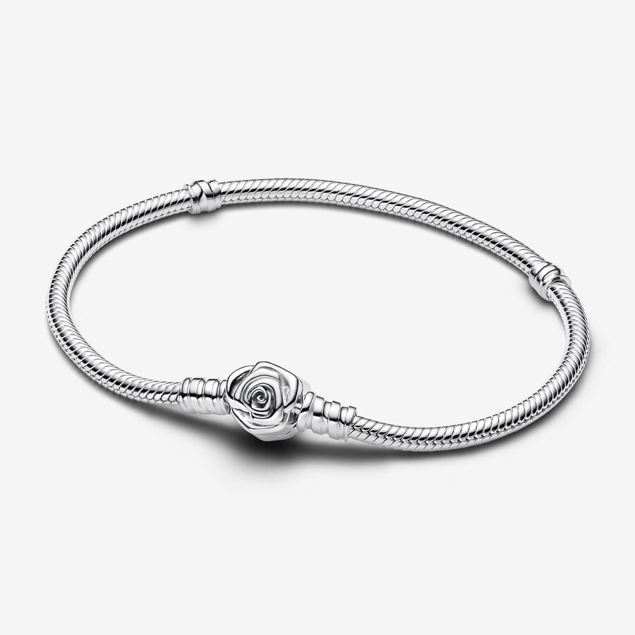Snake chain sterling silver bracelet with rose clasp