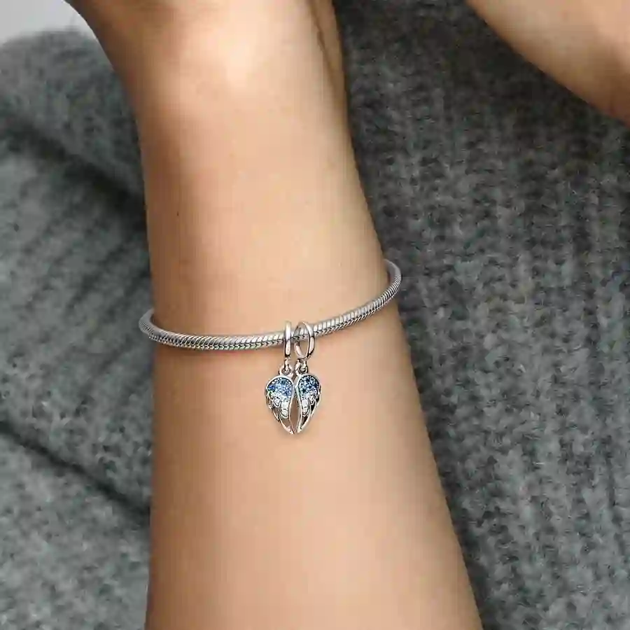 Angel wings sterling silver splittable dangle with stellar blue, skylight blue crystal and clear cub