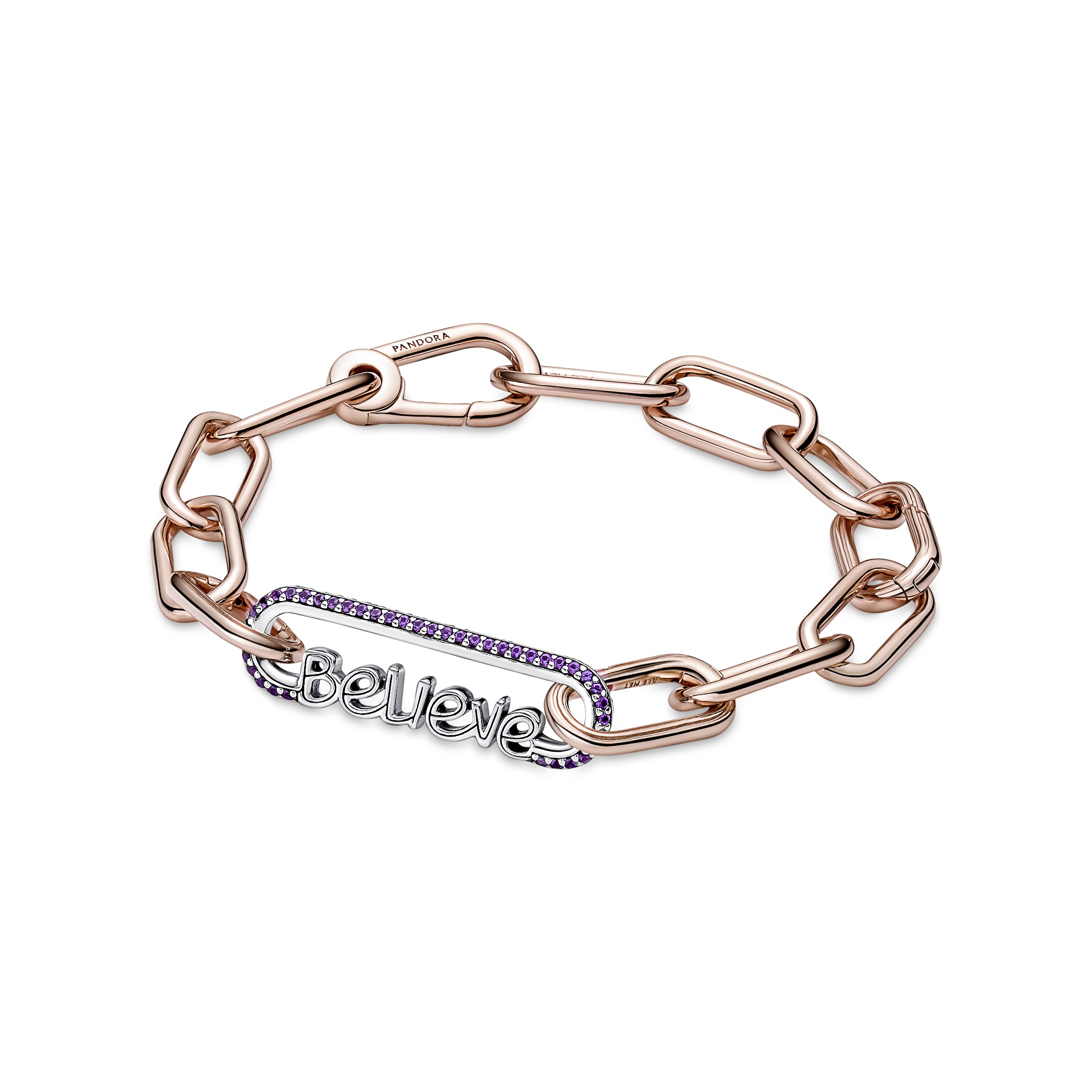 Believe script sterling silver word link with royal purple crystal