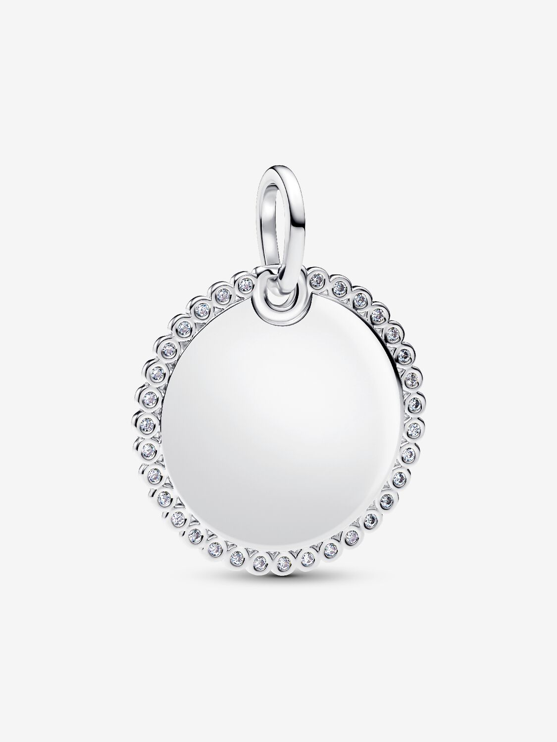 Engravable round sterling silver pendant with clea