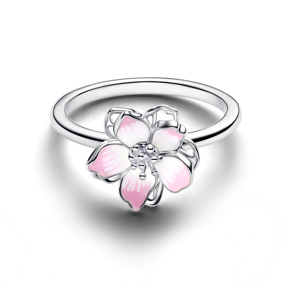 Cherry blossom sterling silver ring with shaded pi