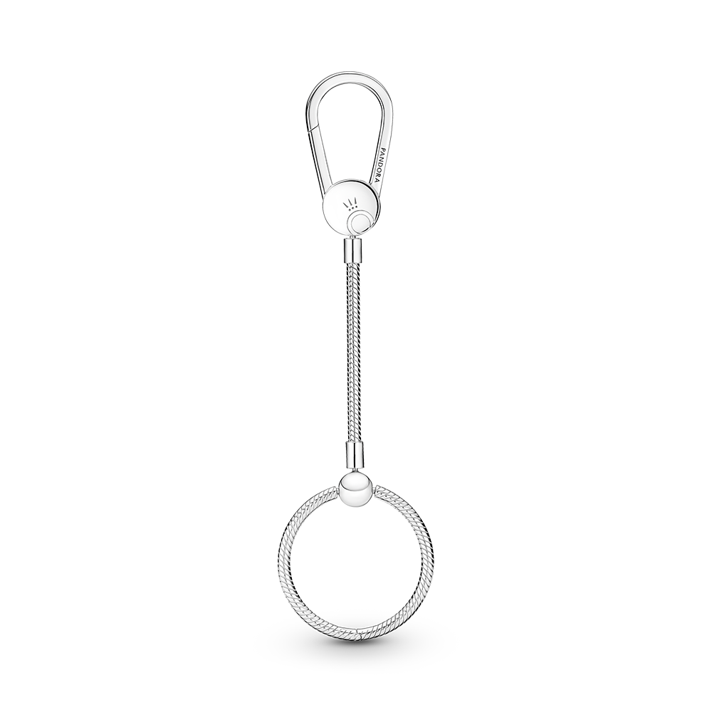 Sterling silver bag charm holder with longsnake chain andmedium Pandora O pendant /399571C00