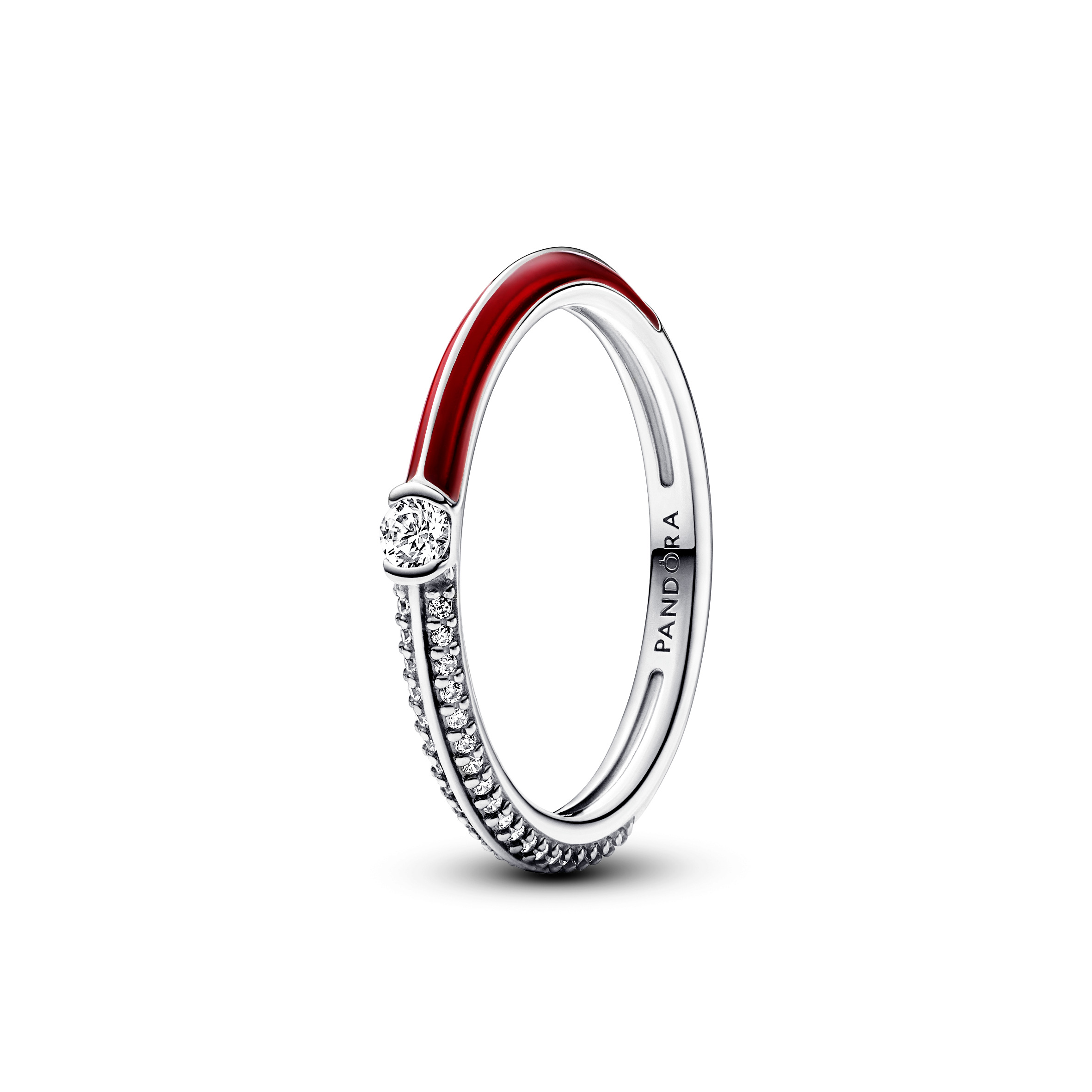 Sterling silver ring with clear cubic zirconia and red enamel