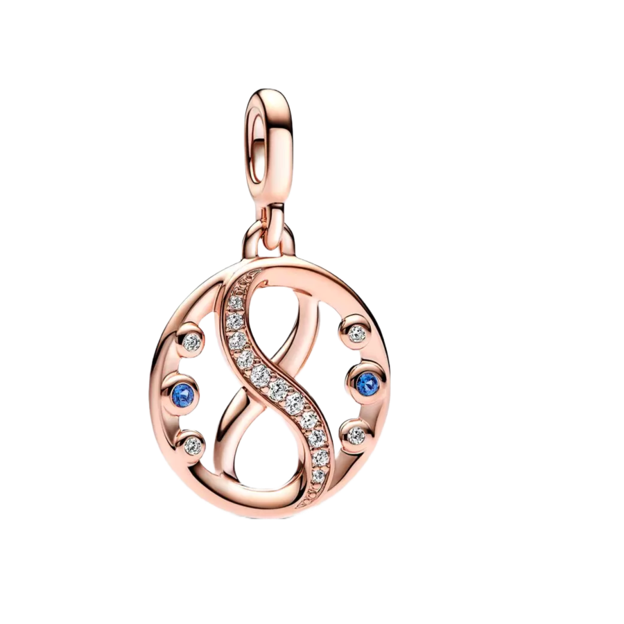 Infinity 14k rose gold-plated medallion with clear cubic zirconia and stellar blue crystal