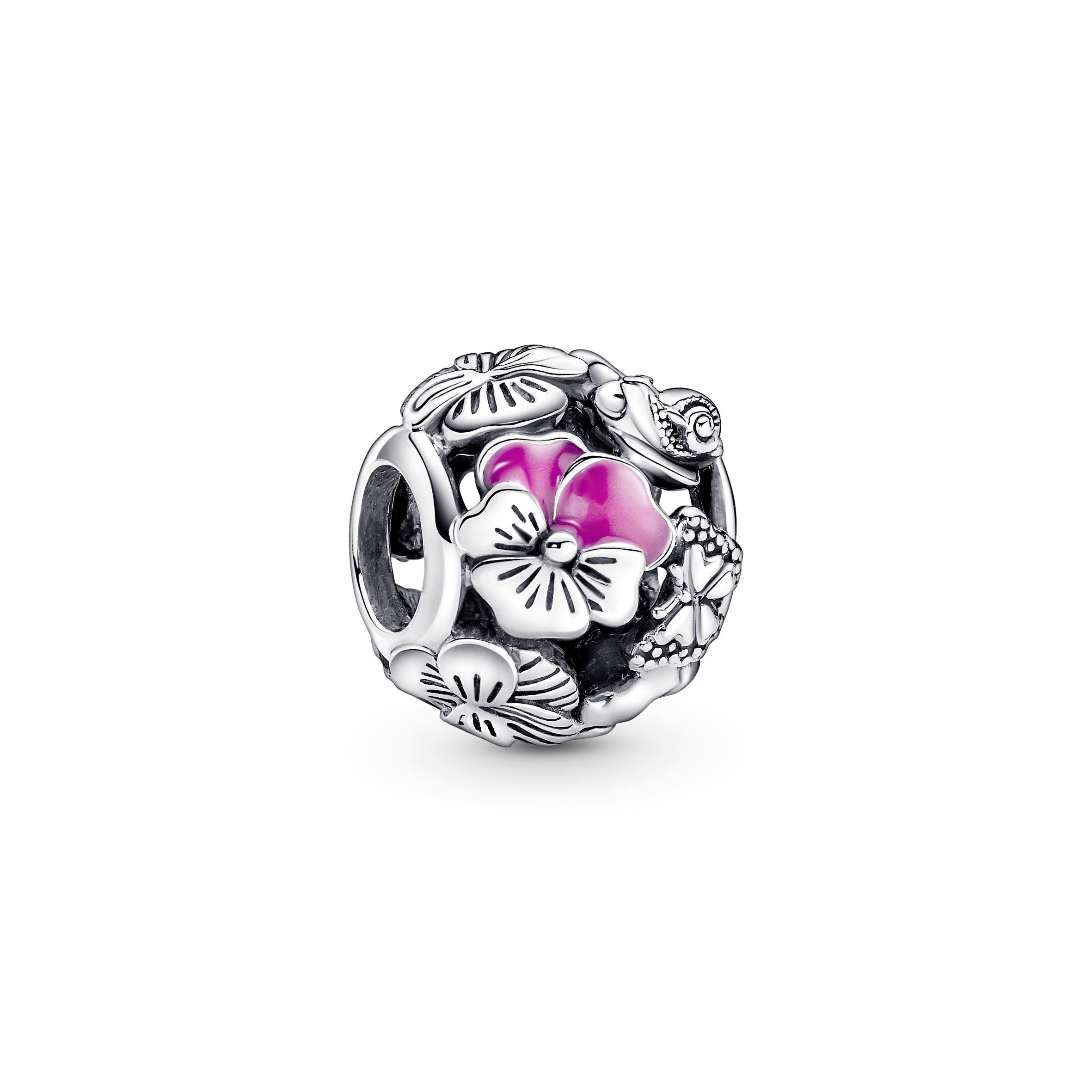 Pansy, snail and butterfly sterling silver charm with pink enamel