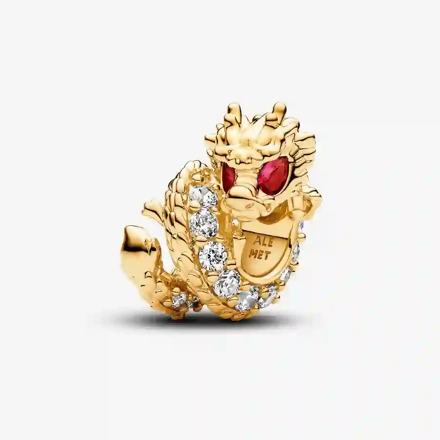Dragon 14k gold-plated charm with fuchsia rose crystal and clear cubic zirconia
