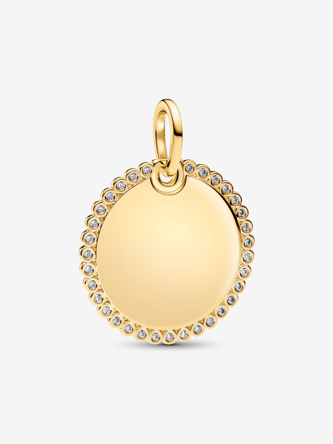 Engravable round 14k gold-plated pendant with clea