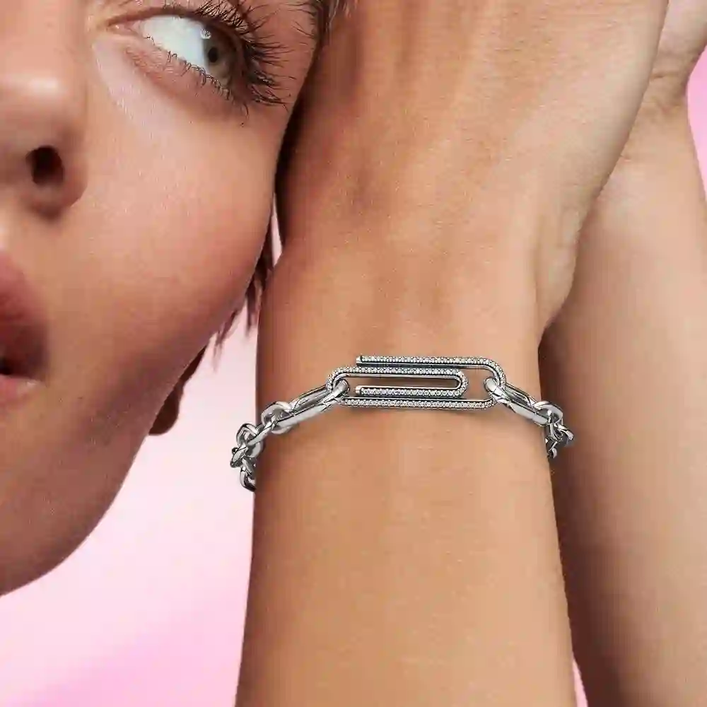 Paper clip sterling silver link with clear cubic zirconia