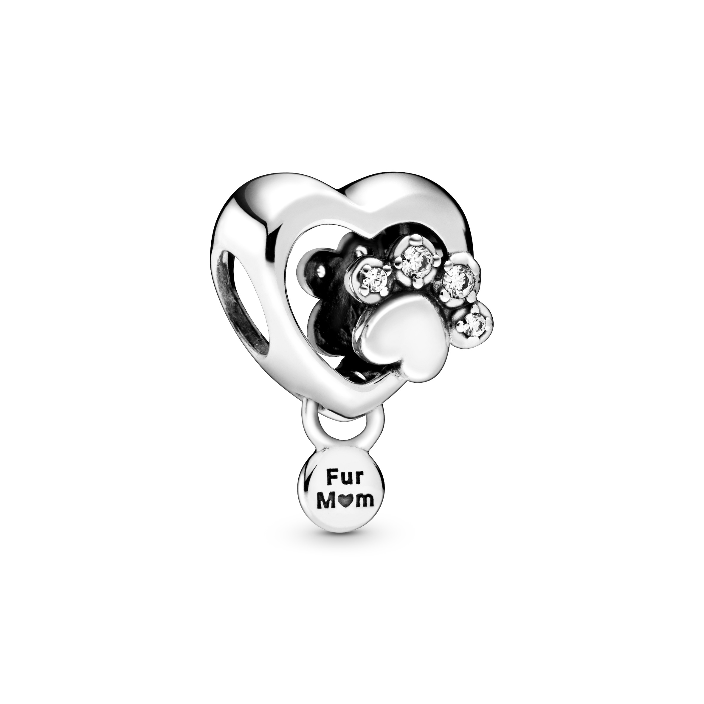 Paw heart sterling silver charm with clear cubic z