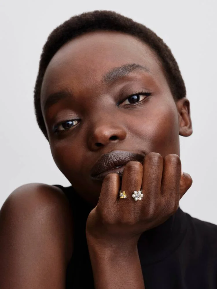 Flower and bee sterling silver and 14k gold-plated open ring with treated white freshwater cultured 