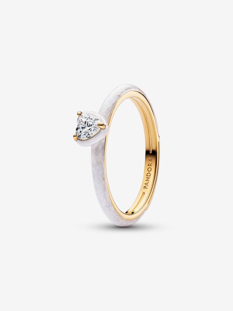Heart 14k gold-plated ring with clear cubic zirconia and shimmering white enamel