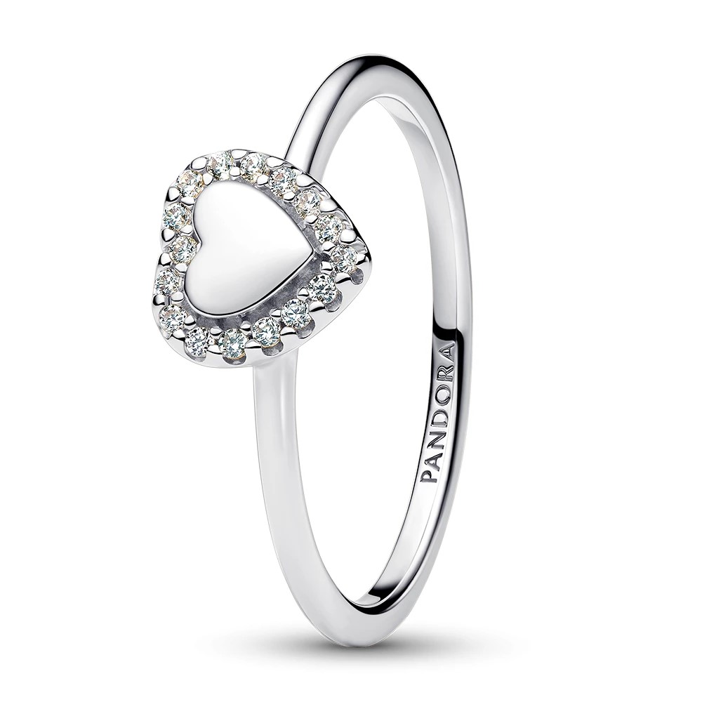 Engravable heart sterling silver ring with clear c