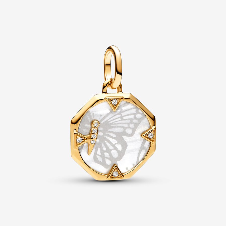 Butterfly 14k gold-plated medallion with clear cubic zirconia and white bioresin man-made mother of 