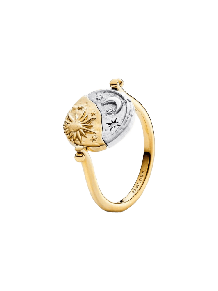 Sun and moon sterling silver and 14k gold-plated spinnable ring with clear cubic zirconia