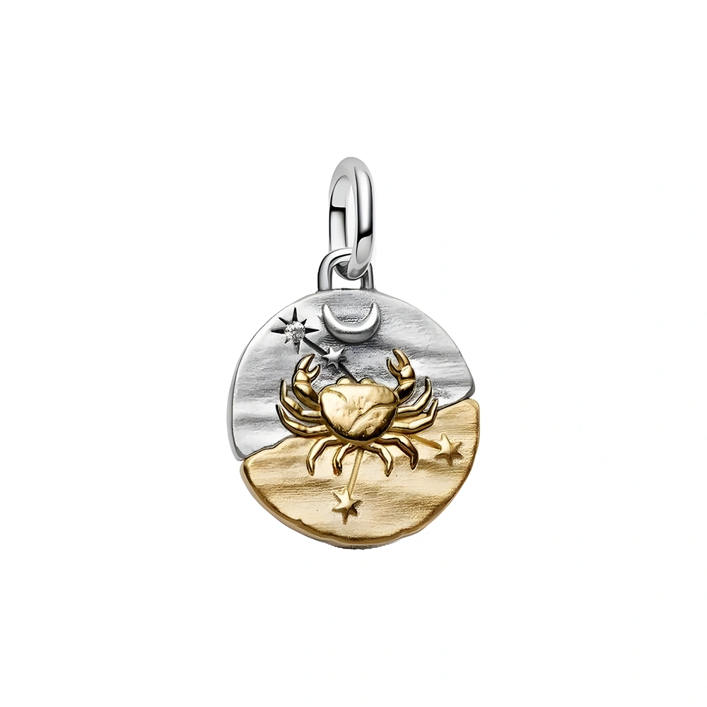 Cancer sterling silver and 14k gold-plated medallion with clear cubic zirconia