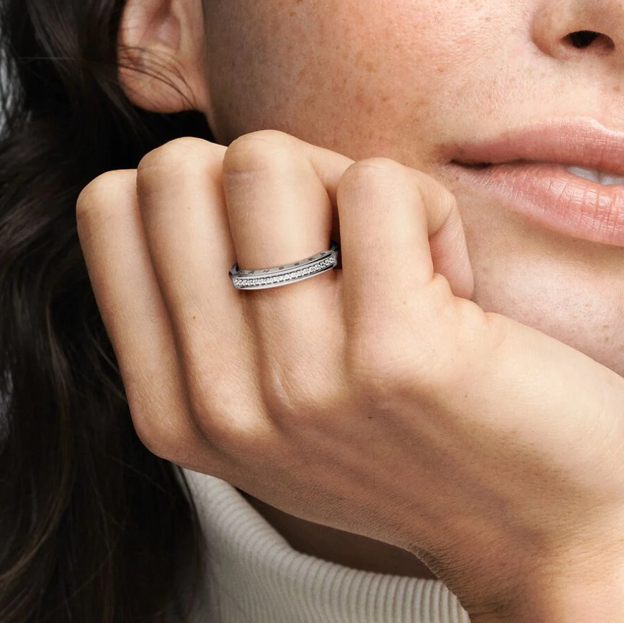 Pandora logo sterling silver ring with clear cubic zirconia